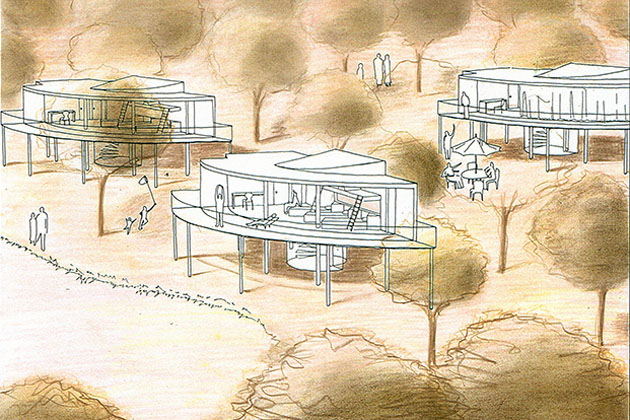 木立の中の保養宿泊施設,ランドスケープと一体となる建築群