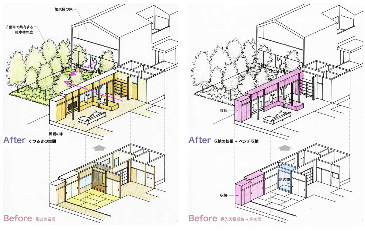 和モダンなデザインの住宅リフォーム・リノベーション,伝統的な住宅の耐震改修,床の間を含む改装前後のビフォーアフター間取り図,スケッチ